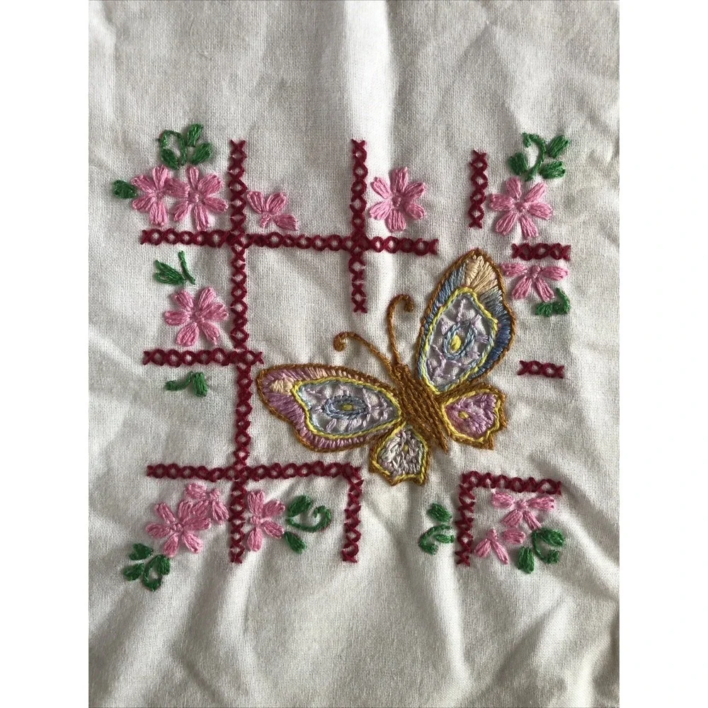 Vtg Embroidered Pillow Case 29x20 Butterflies Pink Flowers Cottagecore